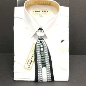 Gino Clericci Boys White Dress Shirt Green Cream Black Tie Hanky Sizes 6 - 10